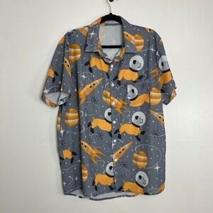 Mens Space Dogs Rocket Planet Novelty Print Short Sleeve Button Up Shirt Size L